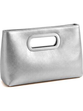 Women's Silver Clutch Handbag Modern Faux Leather with Metal Handle Evening Bag